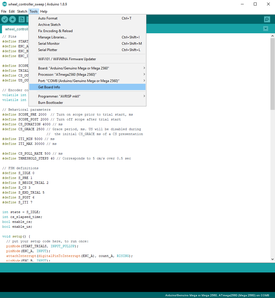 Arduino board settings